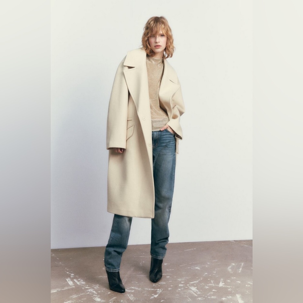 NWT Zara Oversized Double Breasted Pockets Vanilla Cream Long Jacket Sz XL